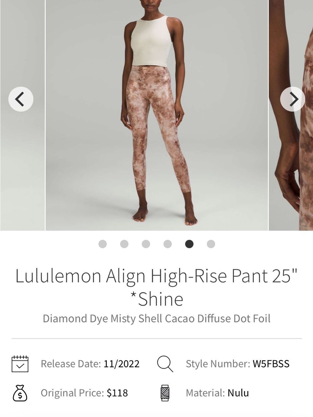 lululemon athletica High-Rise Shine Leggings in Misty Shell Cacao Dye